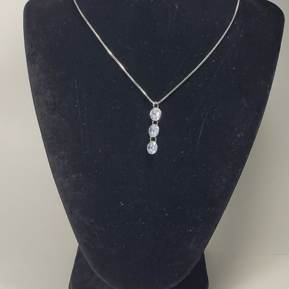 Necklace - Swarovski Crystal  - Triple Stones Drop Pendant, Rhodium Overlay, 18" - Picture 8 of 13